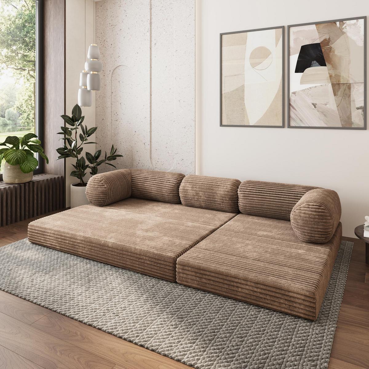ECKSOFA ETERA modulares Boneless Sofa mit Schlaffunktion Beige Kordstoff - Beige, Textil (270/160cm) - MASSENO