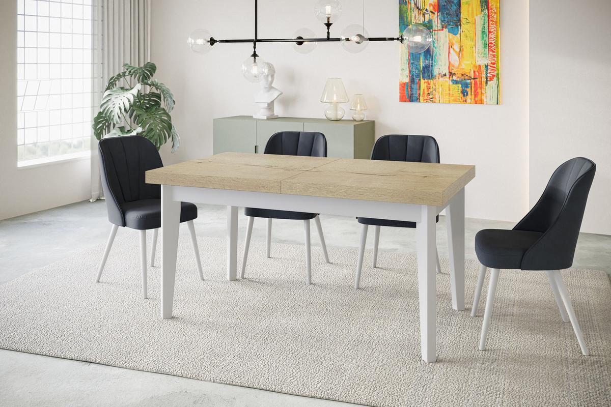RECHTECKIGER Esszimmertisch SKANDI, ausziehbarer Tisch, Größe: 140-180X80X78 cm, Wohnzimmertisch Farbe: HALIFAX, mit Holzbeinen in Farbe Weiß - Naturfarben/Weiß, Holzwerkstoff (140/80/78cm) - Alpi-Möbel