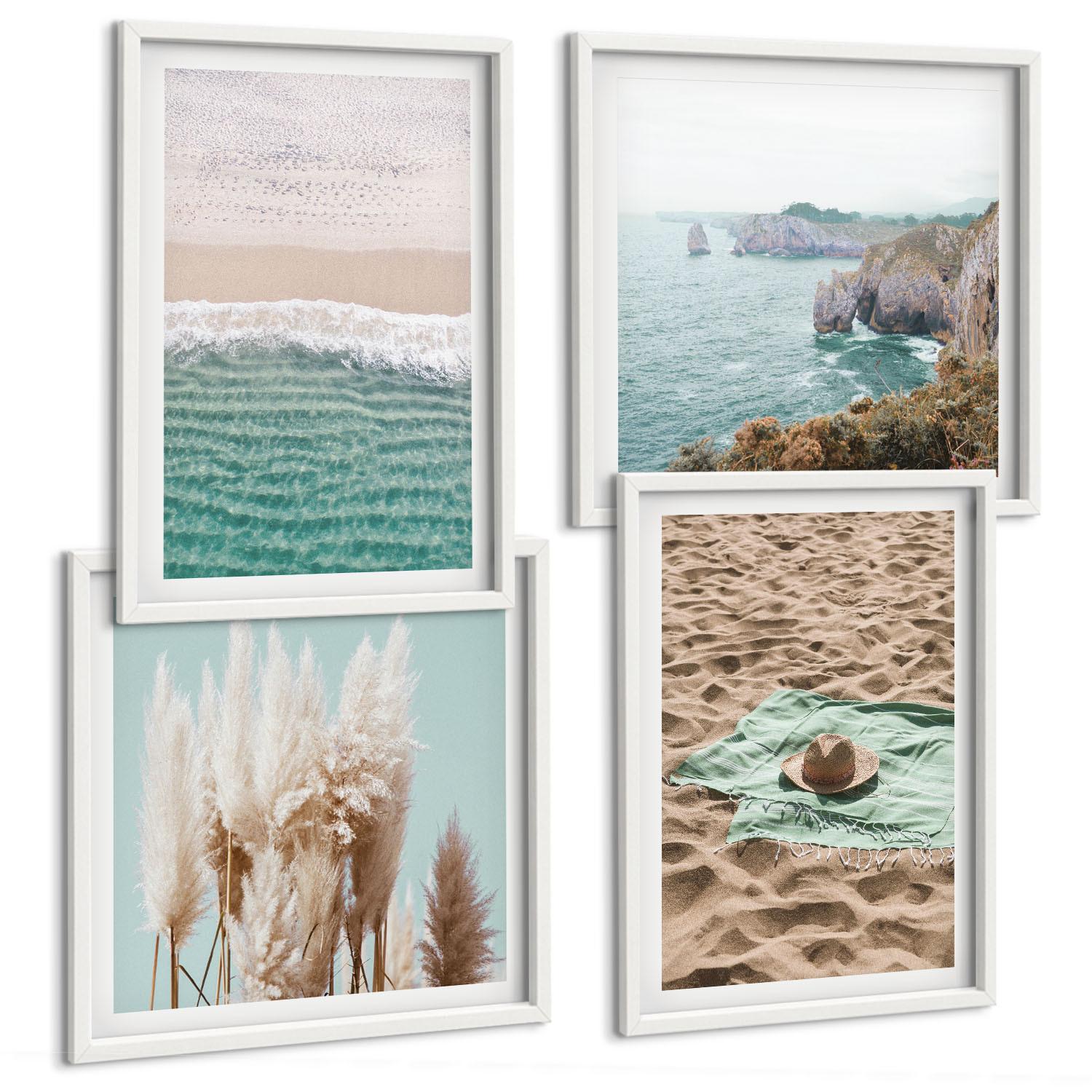 BILDER SET 4er Set - 50x50 cm & 40x60 cm Weißer Rahmen - Strandwellen Grashut - Weiß, Kunststoff (50/50cm) - TULUP