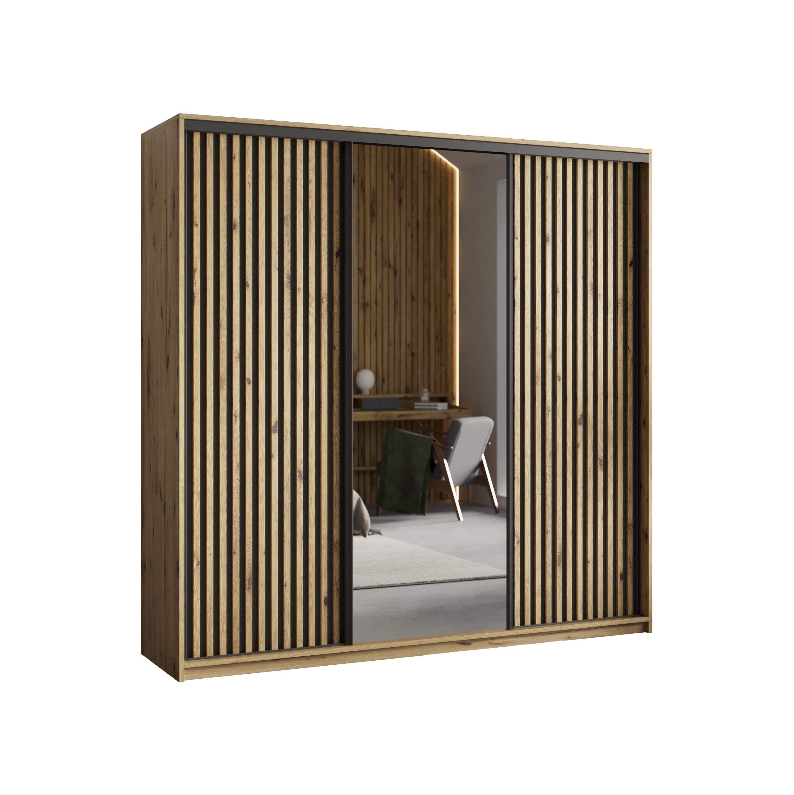 SCHWEBETÜRENSCHRANK ORRA 180/205/60 cm 3-türig mit Spiegel und Lamellen Eiche Artisan - Schwarz/Eiche Artisan, Holzwerkstoff (180/205/60cm) - MASSENO