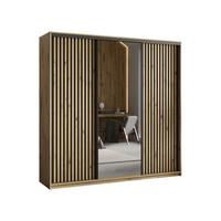 SCHWEBETÜRENSCHRANK ORRA 180/205/60 cm 3-türig mit Spiegel und Lamellen Eiche Artisan - Schwarz/Eiche Artisan, Holzwerkstoff (180/205/60cm) - MASSENO