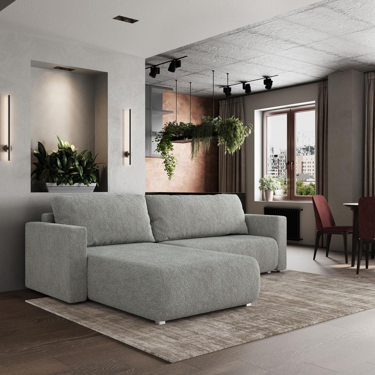ECKSOFA TURIN N Hellgrau Bucle-Stoff mit Schlaffunktion - Hellgrau/Grau, Holz/Kunststoff (265/183cm) - MASSENO