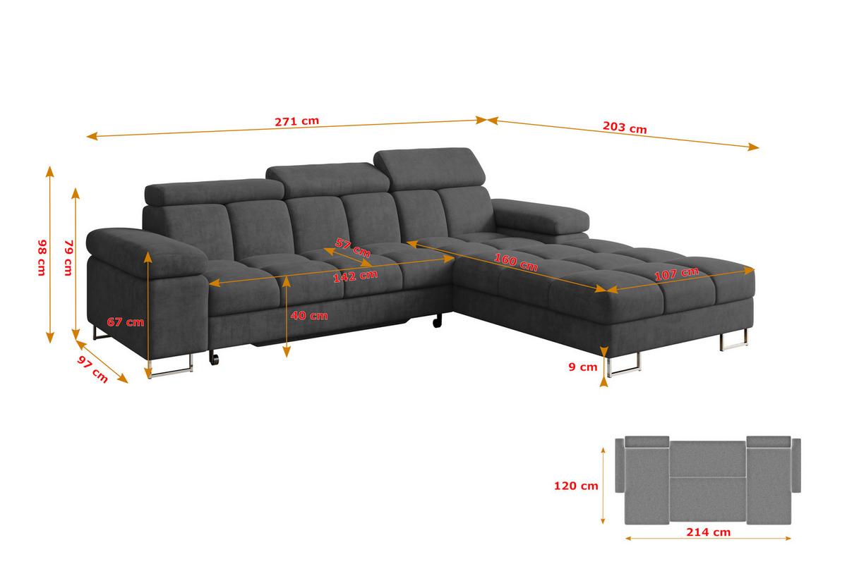 ECKSOFA mit Schlaffunktion Ottomane Rechts COMA L 271x203x79 Dunkelgrau Velours - Dunkelgrau, Holzwerkstoff/Textil (203/271cm) - ALTDECOR