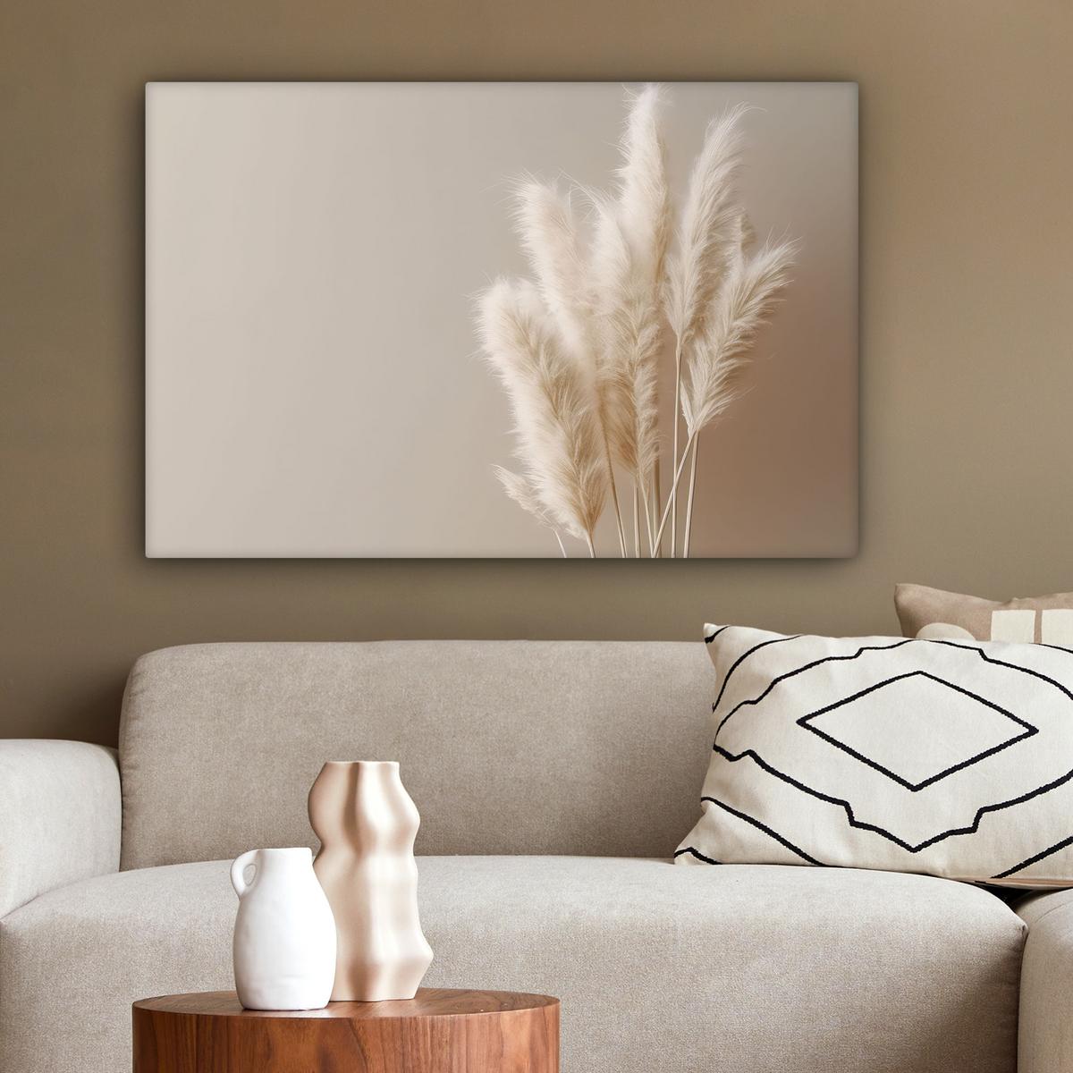 LEINWANDBILD Pampasgras - Federn - Pastell - Weiß Gemälde 60x40 cm - Naturfarben, Textil (60/40cm) - MuchoWow