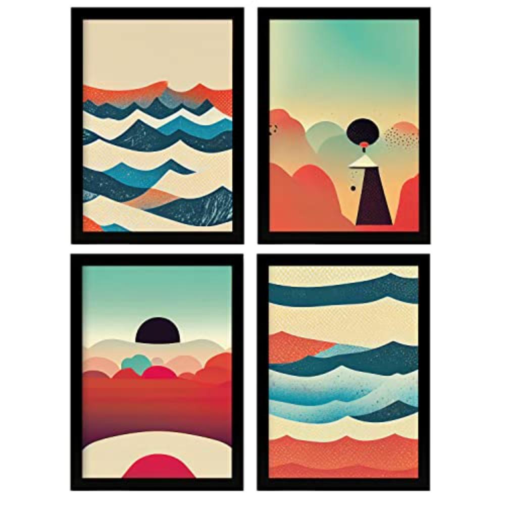 POSTER Set mit 4 Wolken Abstrakt Moderne Galaxien A4 Schwarzer Rahmen - Schwarz, Papier (29.7/3cm) - Nacnic