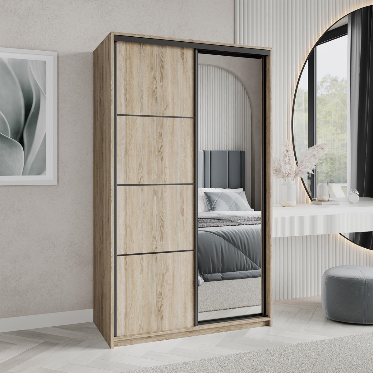 SCHWEBETÜRENSCHRANK VARO 120/205/60 cm 2-türig mit Spiegel Sonoma Eiche - Sonoma Eiche, Holzwerkstoff (120/205/60cm) - MASSENO
