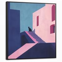LEINWAND Bilder mit Rahmen - Katze - Treppe - Gebäude - Schattenkontraste - 90x90 - Dunkelblau, Textil (90/90cm) - MuchoWow