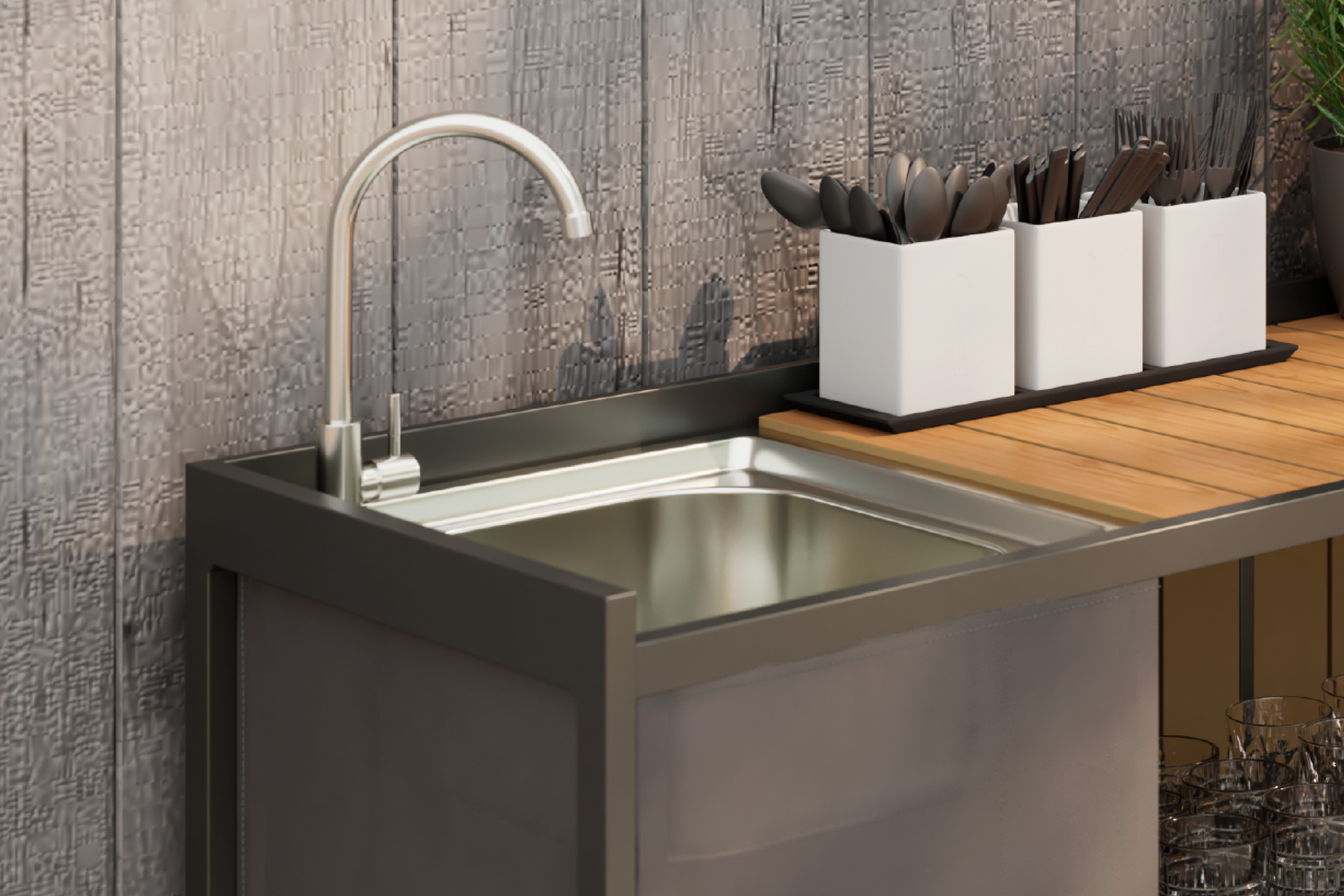 Outdoorküche inkl. Eckspüle und Armatur Edelstahl matt 