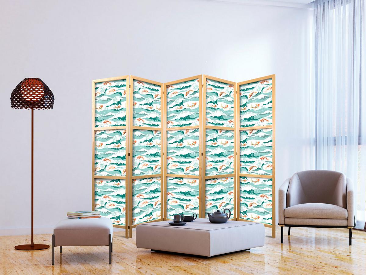 PARAVENT Japanischer 5-tlg 225x172 cm Fische Blumen Meereswellen - Türkis, Holz/Textil (225/172/3cm) - Muralo