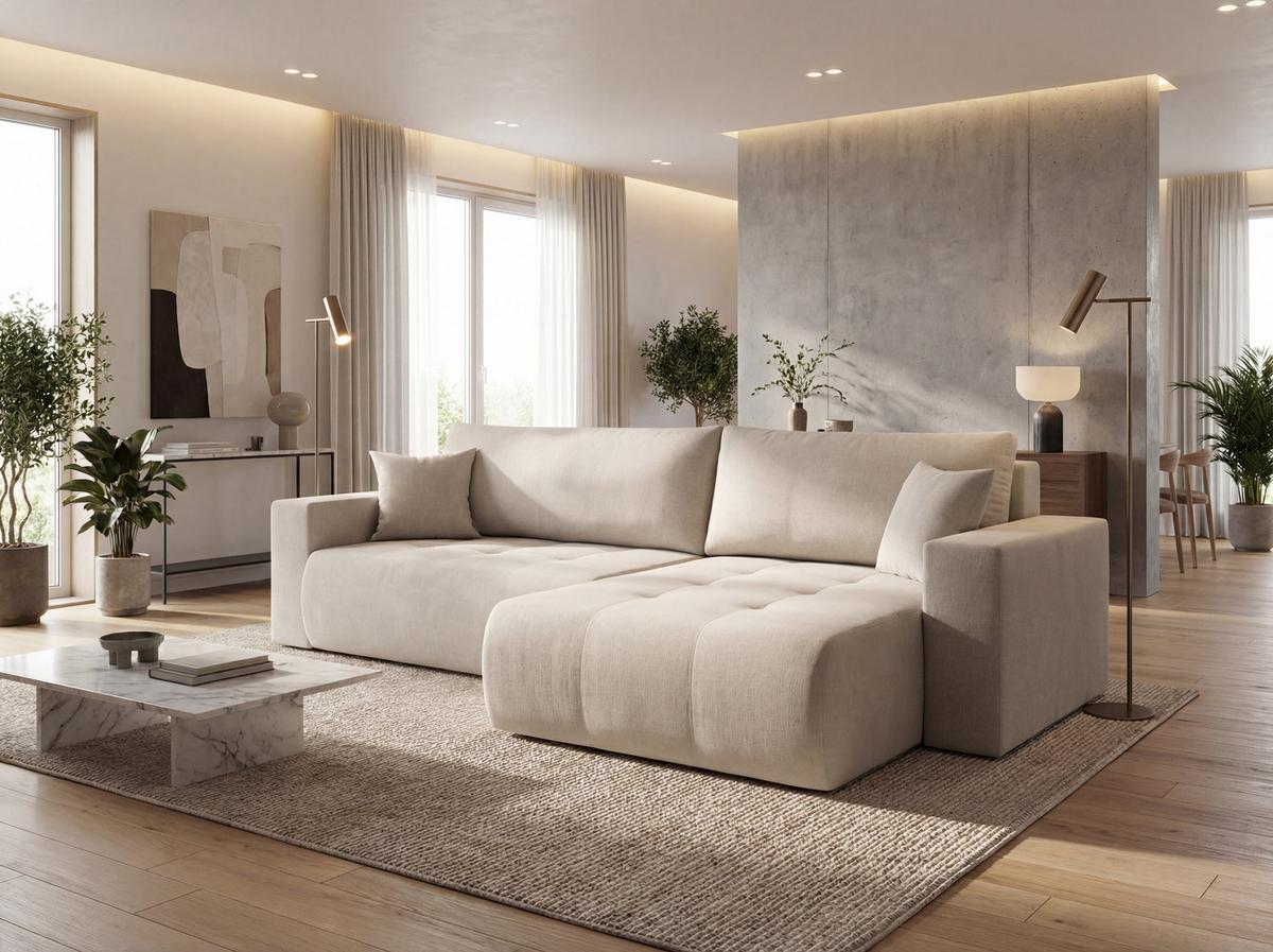 ECKSOFA Alva 3-Sitzer Universall Rechts/Links, Strukturstoff Beige 277/154/83 cm - Beige/Schwarz, Textil (277/154cm) - WFL GROUP