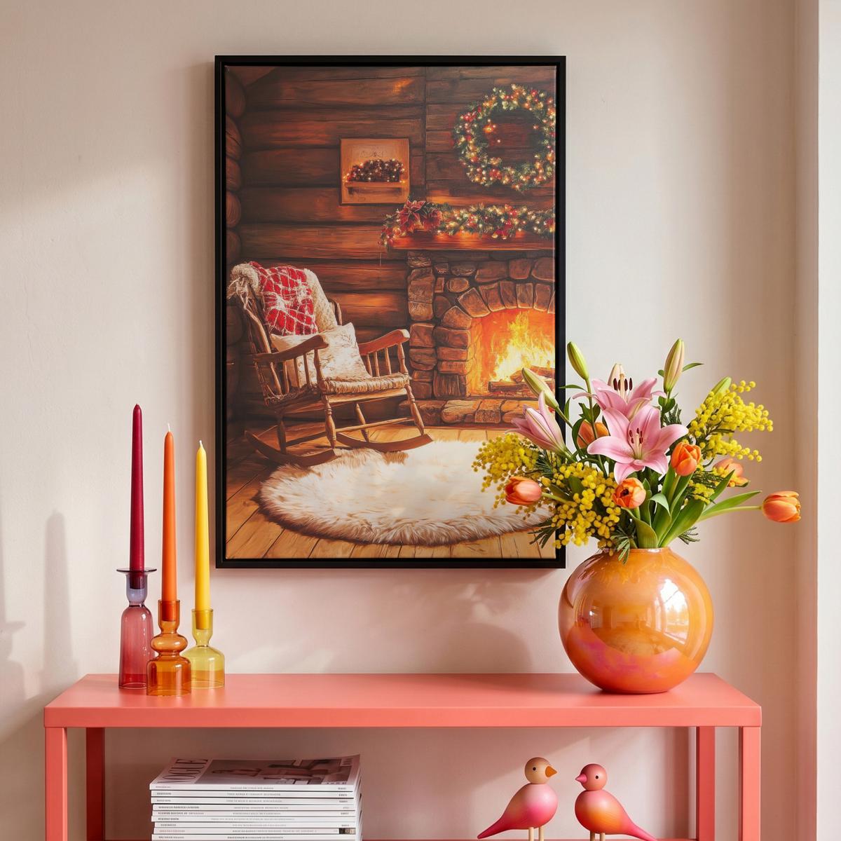 LEINWAND Bilder mit Rahmen - Winter - Weihnachten - Zuhause - Kamin - 40x60 - Bernsteinfarben, Textil (40/60cm) - MuchoWow