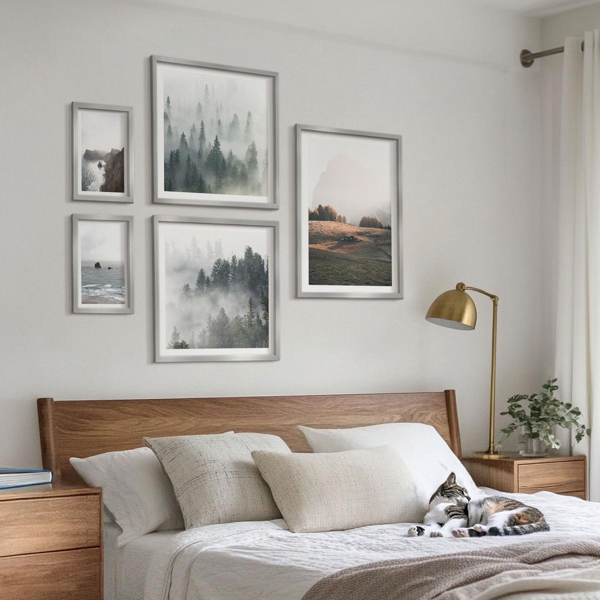 BILDER SET 5er Set - 50x50 cm & 20x30 cm & 40x60 cm Silberner Rahmen - Landschaften aus Bergen und Meer - Silberfarben, Kunststoff (40/60cm) - TULUP