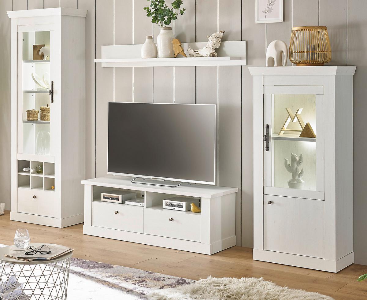 WOHNWAND weiß Pinie Landhaus, Wohnkombination 4-teilig, Soft-Close-Funktion - Weiß, Holzwerkstoff/Kunststoff (299/201/45cm) - Furn.Design