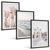 BILDER SET 3er Set - 40x60 cm Schwarzer Rahmen - Pflanzen, Meereswellen, Aussicht, Häuser - Schwarz, Kunststoff (40/60cm) - TULUP
