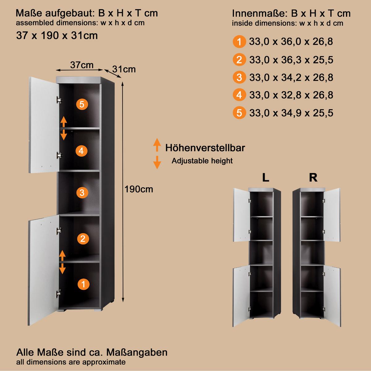HOCHSCHRANK grau Hochglanz 37 x 190 cm, Badschrank 2-türig - Grau, Holzwerkstoff/Kunststoff (37/190/31cm) - Top.Furn