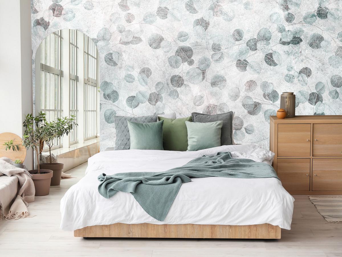 FOTOTAPETE Eukalyptusblätter Beton Vintage Stil 250x175 - Grau, Papier (250/175cm) - Muralo