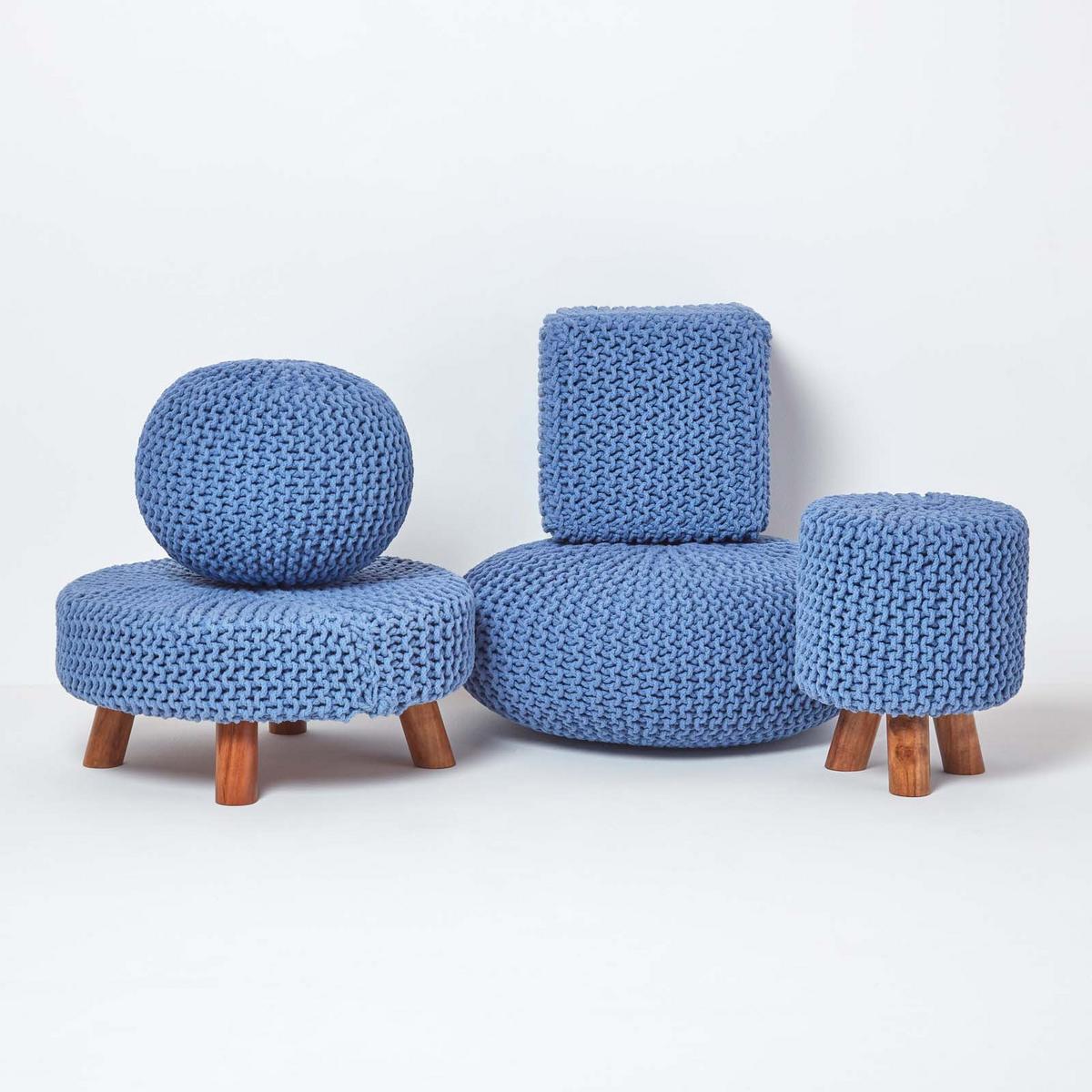 STRICK-POUF blau, 40/40/35 cm - Blau, Textil (40/35/40cm) - Homescapes