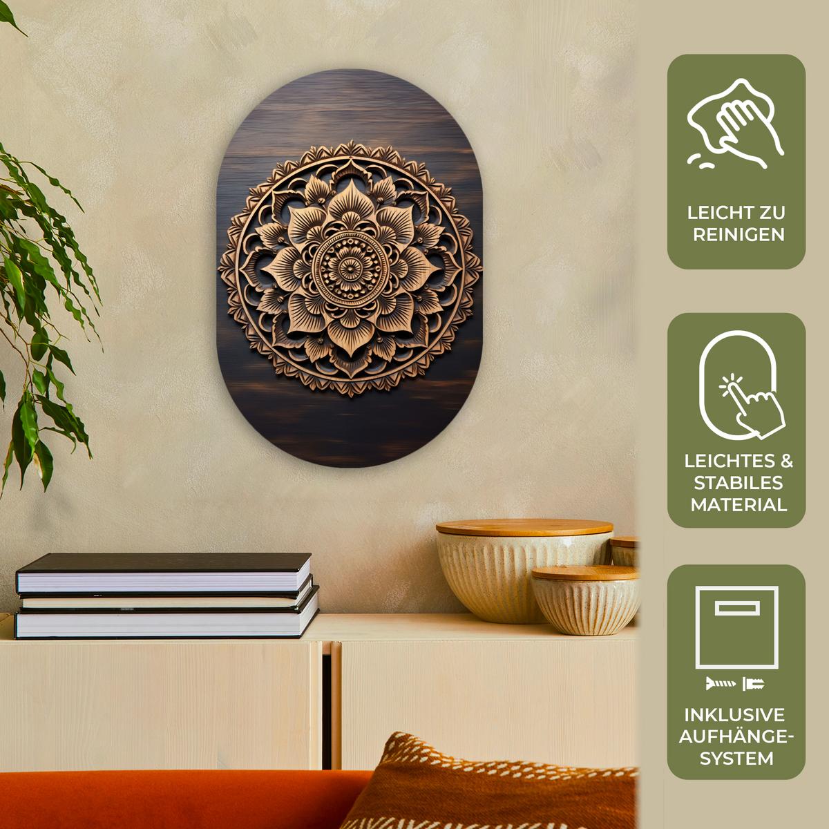 WANDBILD Mandala - Holz - Blumen - Braun Deko Wohnzimmer 40x60 cm - Gelb, Kunststoff (40/60cm) - MuchoWow