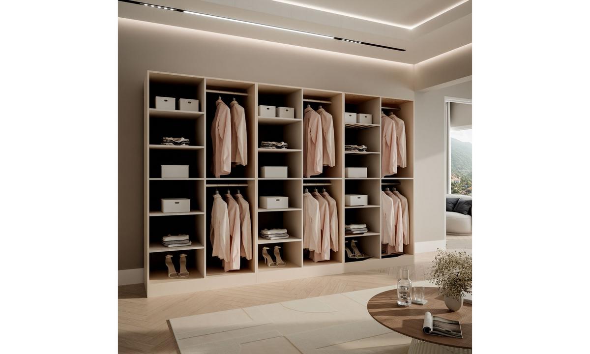 KLEIDERSCHRANK SANDBOX KASHMIR 300 303/49/200 cm Kaschmir / Kaschmir + schwarzes Glas ohne LED 12 Zusatzböden - Kaschmir/Schwarz, Holzwerkstoff/Kunststoff (303/200/49cm) - Lookway