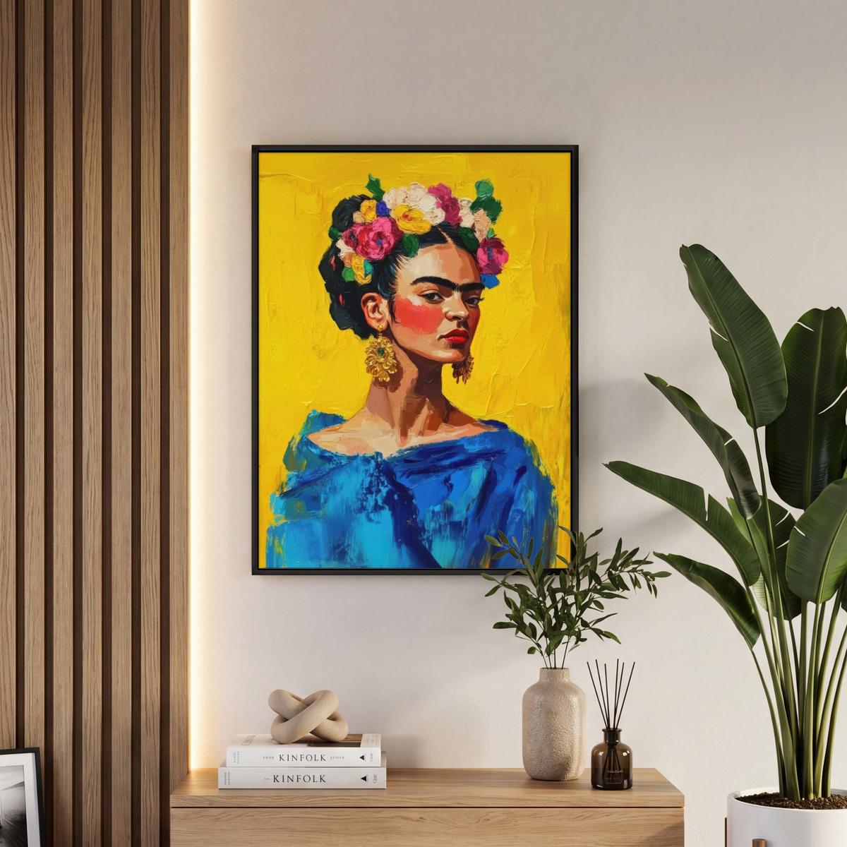 LEINWAND Bilder mit Rahmen - Frida Kahlo - Frau - Gelb - Blau - Blumen - 50x70 - Gelb, Textil (50/70cm) - MuchoWow