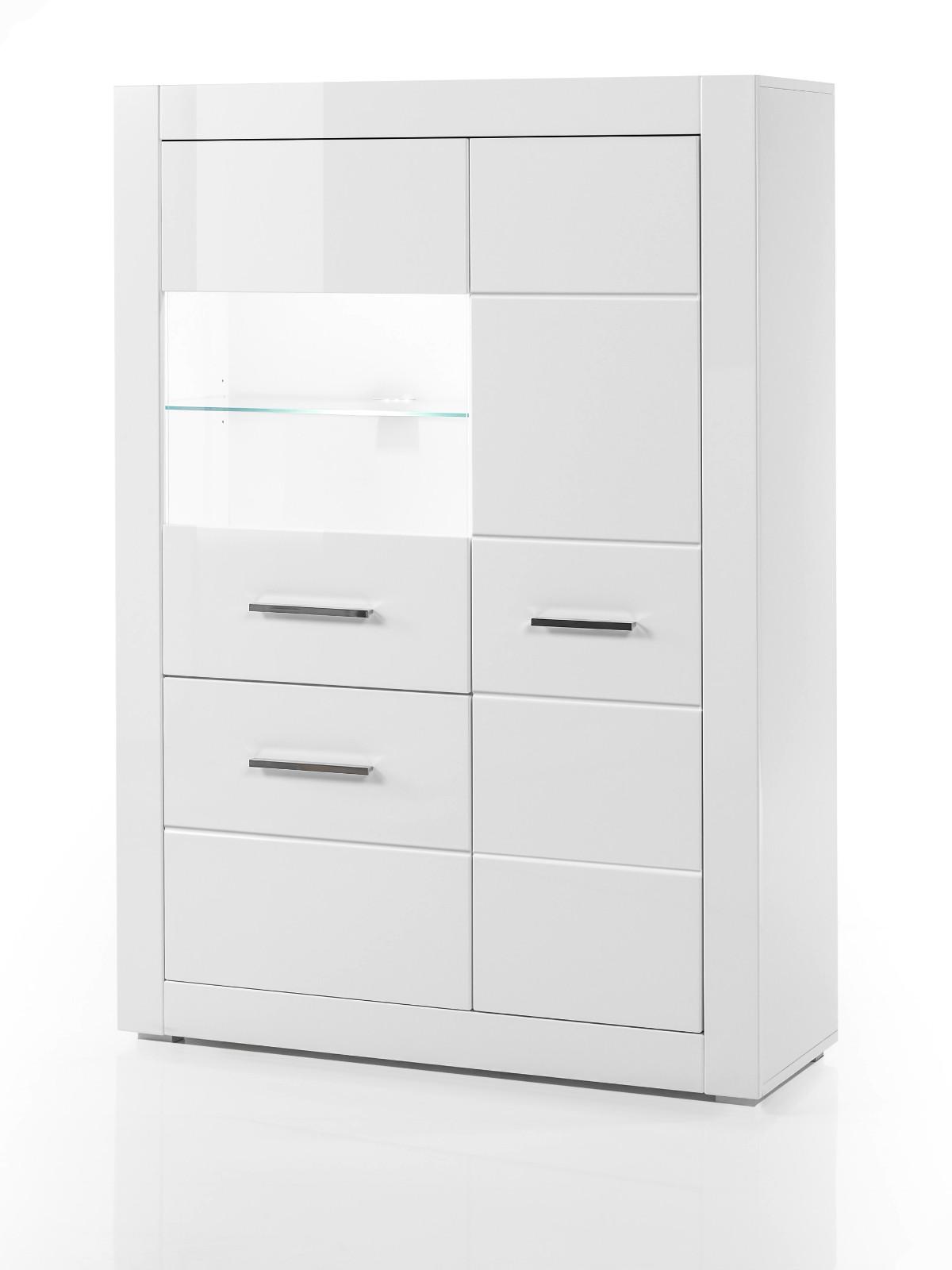 VITRINE weiß Hochglanz 100 x 142 cm, Highboard mit Chrom-Metallgriffen - Weiß Hochglanz/Silberfarben, Glas/Holzwerkstoff (100/142/35cm) - Furn.Design