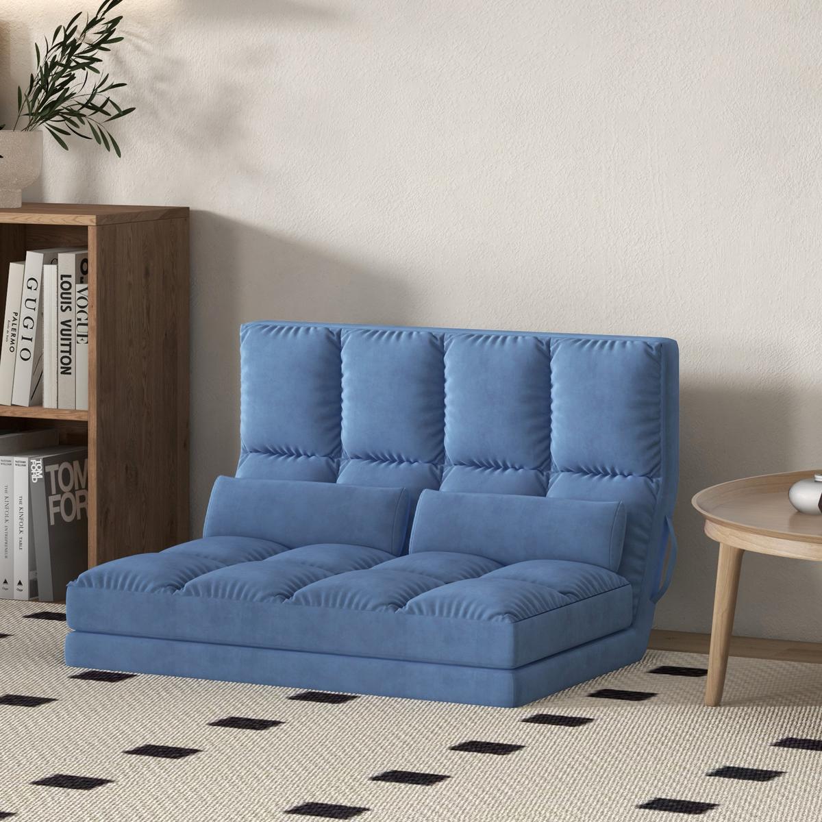 BODENSTUHL 2-in-1 Bodensessel Bett mit Rückenlehne 3 Positionen Verstellbar - Blau, Textil/Metall (73/60/102cm) - HOMCOM