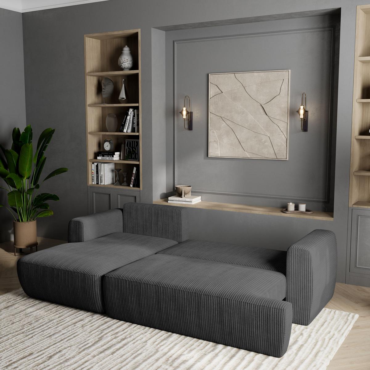 ECKSOFA SENTI P L-S Graphitfarben Kordstoff mit Schlaffunktion - Graphitfarben/Schwarz, Holz/Kunststoff (246/148cm) - MASSENO