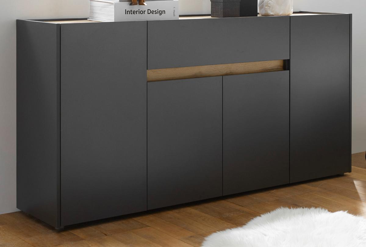 SIDEBOARD grau matt, Eiche Wotan 170 x 87 cm, Kommode 4-türig - Eiche Wotan/Schwarz, Holzwerkstoff/Kunststoff (170/87/40cm) - Furn.Design