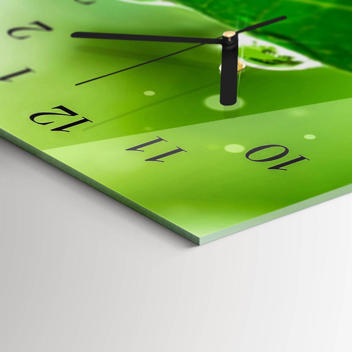 WANDUHR aus Glas 60x30 cm - Tau auf einem Blatt - Grün, Glas (60/30/0.4cm) - TULUP