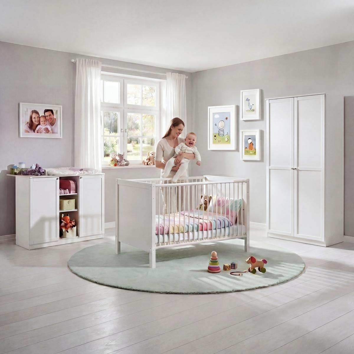 BABYZIMMER-SET 3-teilig: Babybett & Wickelkommode & Kleiderschrank 2-türig B90/H197/T58 cm, Soft-Close, Landhausstil Weiß / 22801 - Silberfarben/Weiß, Holzwerkstoff/Metall (76/83/146cm) - luma-home