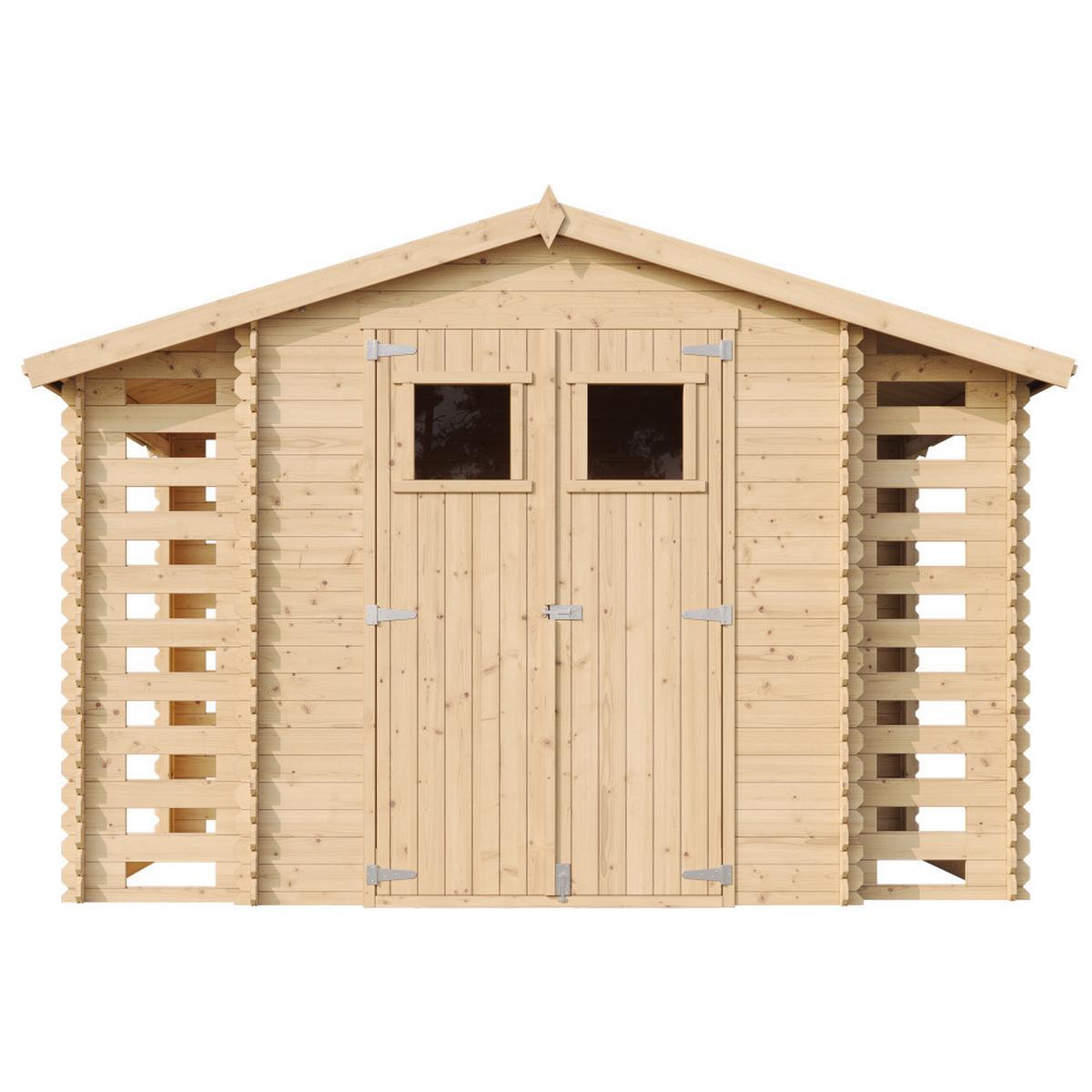 HOLZHAUS GARTENHAUS mit Brennholzschuppen M391+M391G - mit imprägniertem Boden- 3,53 + 0,97 + 0,97 m2 - Beige, Holz (328/218/206cm) - Timbela