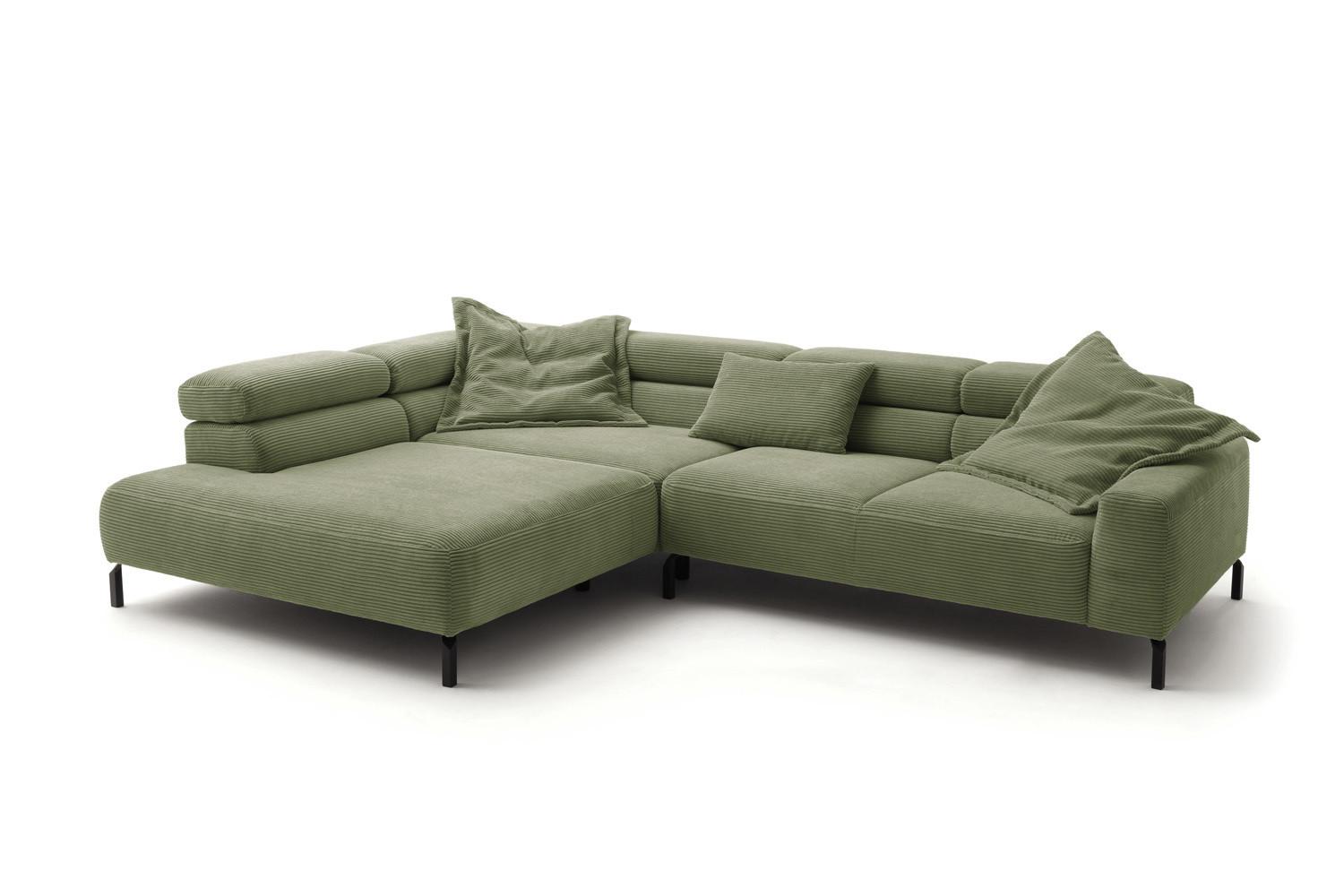 ECKSOFA DELIA Grün Cord Relaxfunktion - Schwarz/Olivgrün, Textil/Metall (276/219cm) - KAWOLA