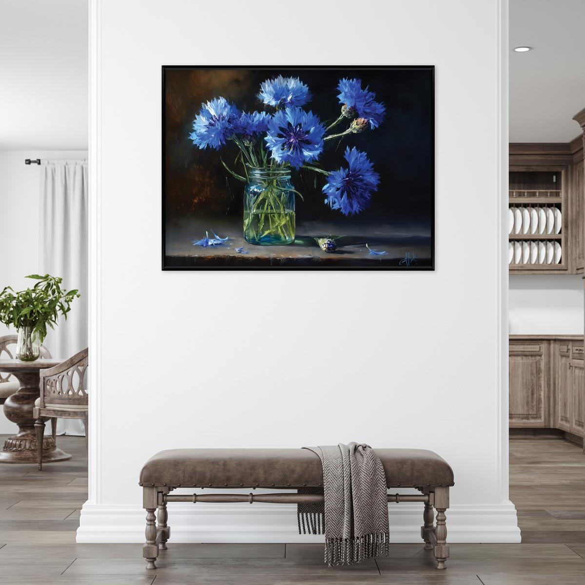 BILDER mit Rahmen Blumen in einer Vase Vintage Blau 100x70 cm - Multicolor, Holzwerkstoff (100/70cm) - Wallarena