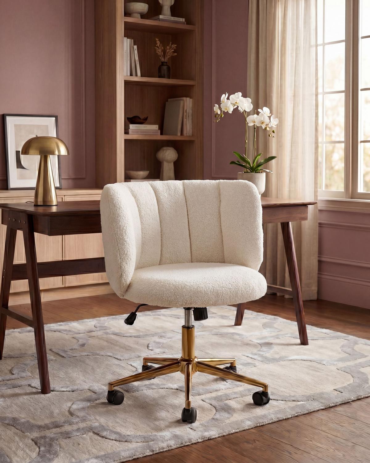 SCHREIBTISCHSTUHL Bouclé Weiß Pelora - Weiß, Textil (64/76/60cm) - Beliani