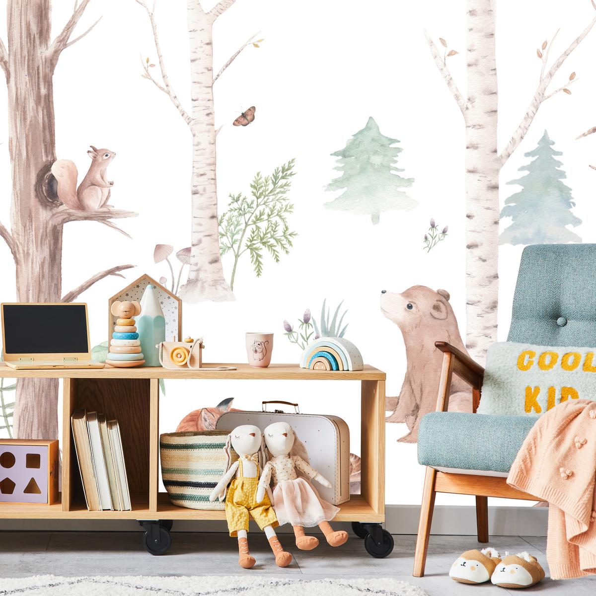 FOTOTAPETE für Kinderzimmer Wilde Waldtiere Aquarell Bäume 350x256 - Orange/Braun, Papier (350/256cm) - Muralo
