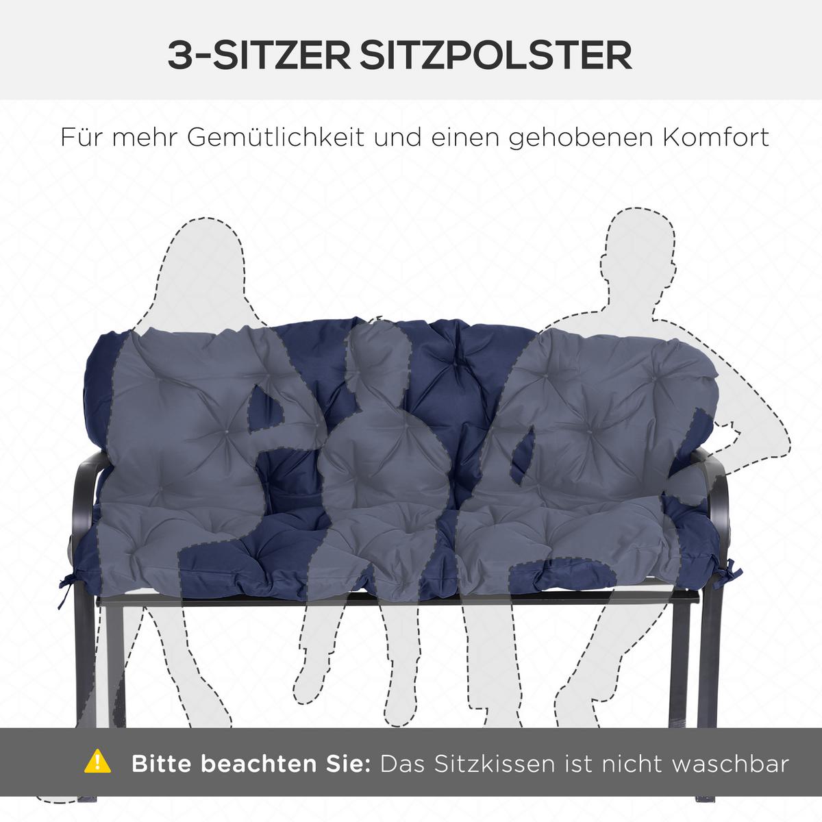 3 Sitzer Bankauflage 150 x 98 x 8 cm, Bankkissen mit Bändern, Sitzkissen Blau - Blau, Kunststoff (150/8/98cm) - Outsunny