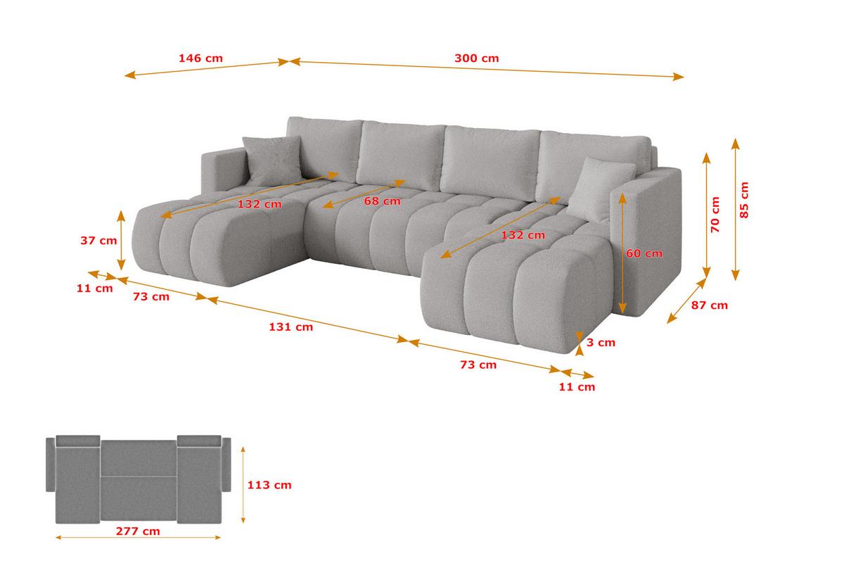 WOHNLANDSCHAFT mit Schlaffunktion und Bettkasten GARD-U 300x146x85 Hellgrau Bouclé - Silberfarben/Hellgrau, Holzwerkstoff/Kunststoff (300/85/146cm) - ALTDECOR