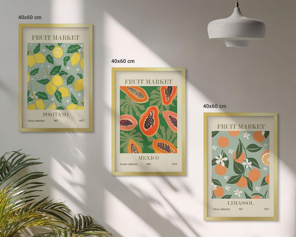 BILDER SET 3er Set - 40x60 cm Goldrahmen - Fruchtposter Zitronen Papayas - Goldfarben, Kunststoff (40/60cm) - TULUP