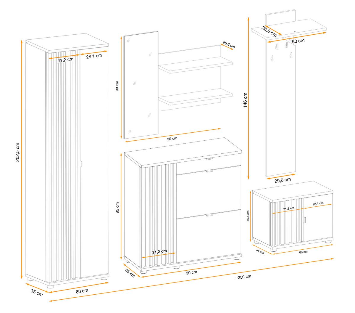 GARDEROBE Set 3-teilig Eiche Jackson, schwarz 250 cm, Garderobenkombination mit 3D-Lamellen - Eichefarben/Schwarz, Holzwerkstoff/Kunststoff (230/202/35cm) - Furn.Design