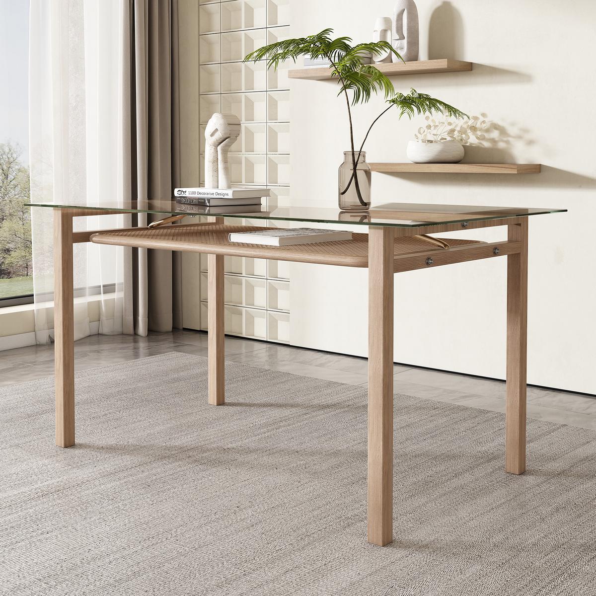 ESSTISCH SET mit Esstisch aus Glas und 4 Rattan stühle - Schwarz, Glas/Textil (110/74/65cm) - Urban Meuble