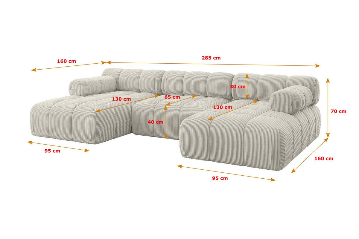 WOHNLANDSCHAFT modulares Sofa Tesso-U1 - 285x160x70 cm Creme Cord - Hellgrau/Creme, Holzwerkstoff/Textil (285/70/160cm) - ALTDECOR