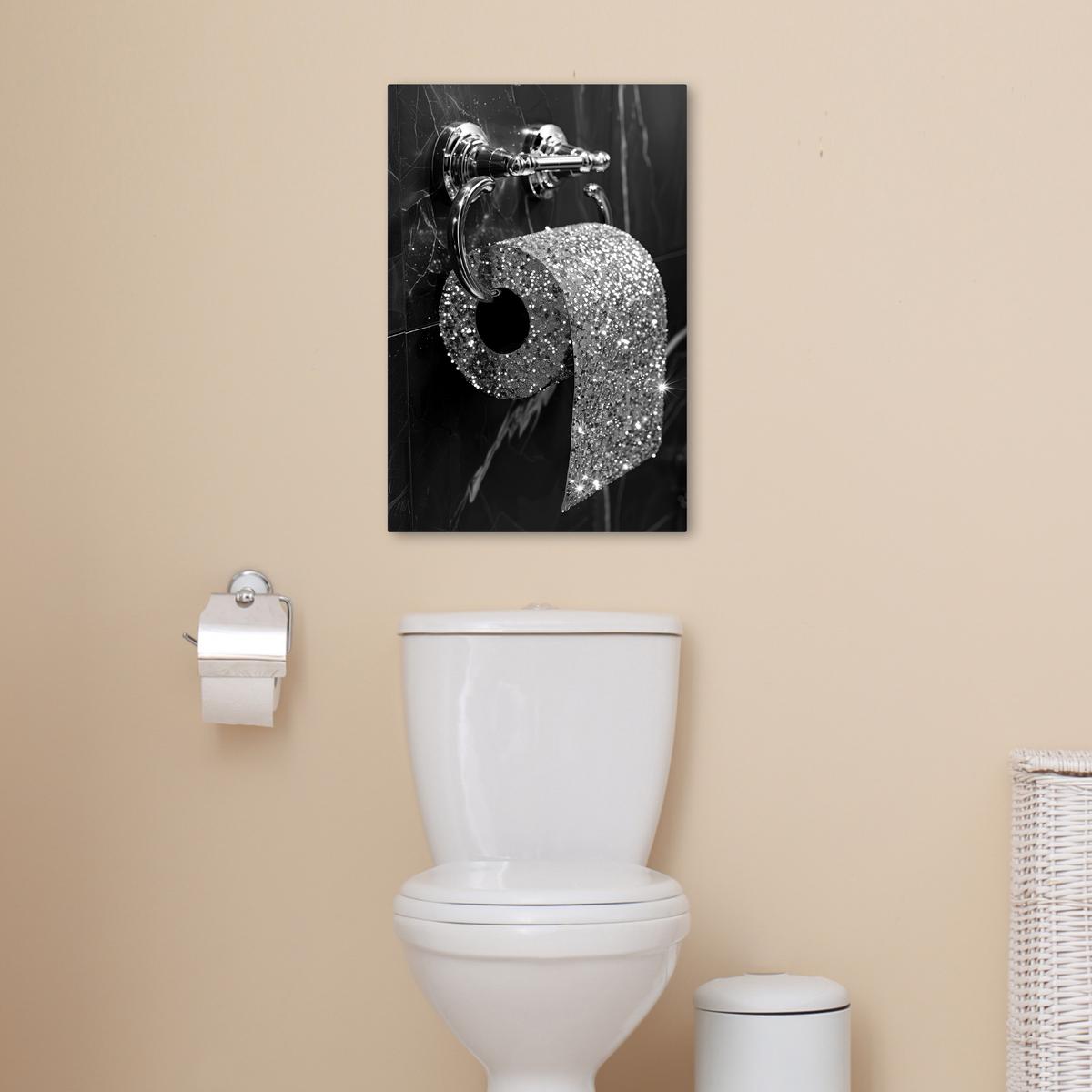 LEINWANDBILD WC - Toilettenpapier - Schwarz und weiß - Glitter Wanddeko 40x60 cm - Silberfarben, Textil (40/60cm) - MuchoWow