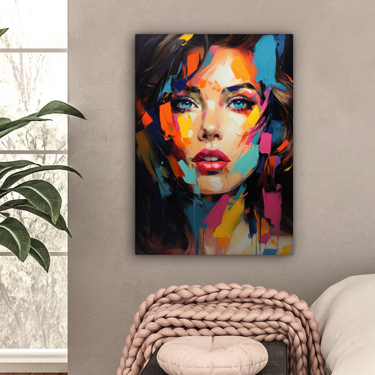 LEINWANDBILD Frau - Porträt - Farbenfroh - Kunst Wandbild Wohnzimmer 60x80 cm - Multicolor, Textil (60/80cm) - MuchoWow