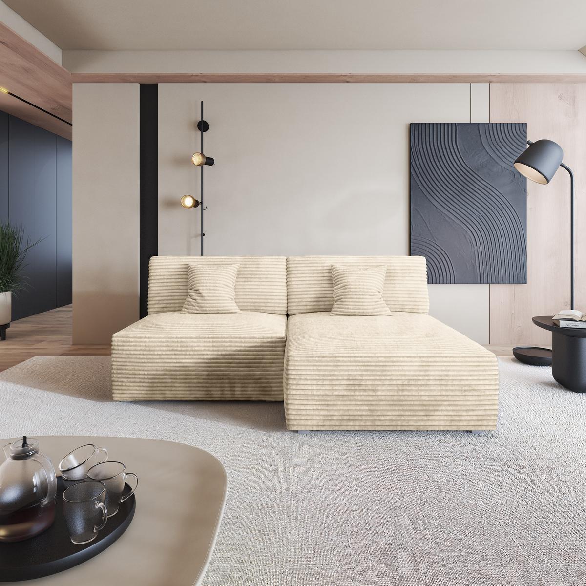 ECKSOFA FIORO Creme Kordstoff mit Schlaffunktion - Creme, Holz (204/148cm) - MASSENO