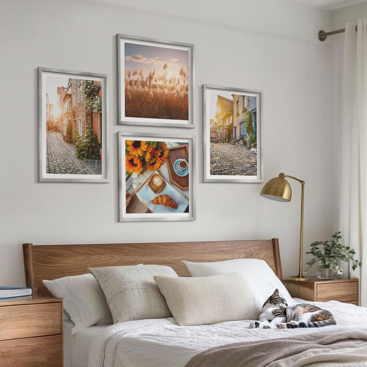 BILDER SET 4er Set - 50x50 cm & 40x60 cm Silberner Rahmen - Charmante Straßen mit Kaffee - Silberfarben, Kunststoff (50/50cm) - TULUP