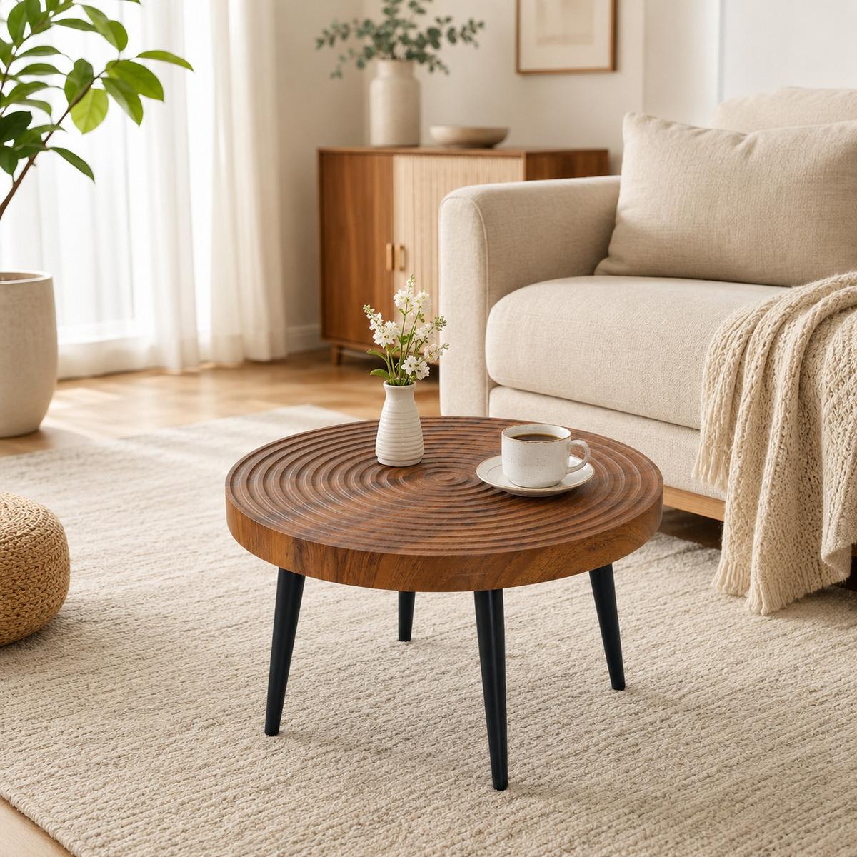 COUCHTISCH Walnussbraun Rund mit Jahresringen & Metallbeinen - Walnussfarben, Holzwerkstoff (60/60/37cm) - Urban Meuble