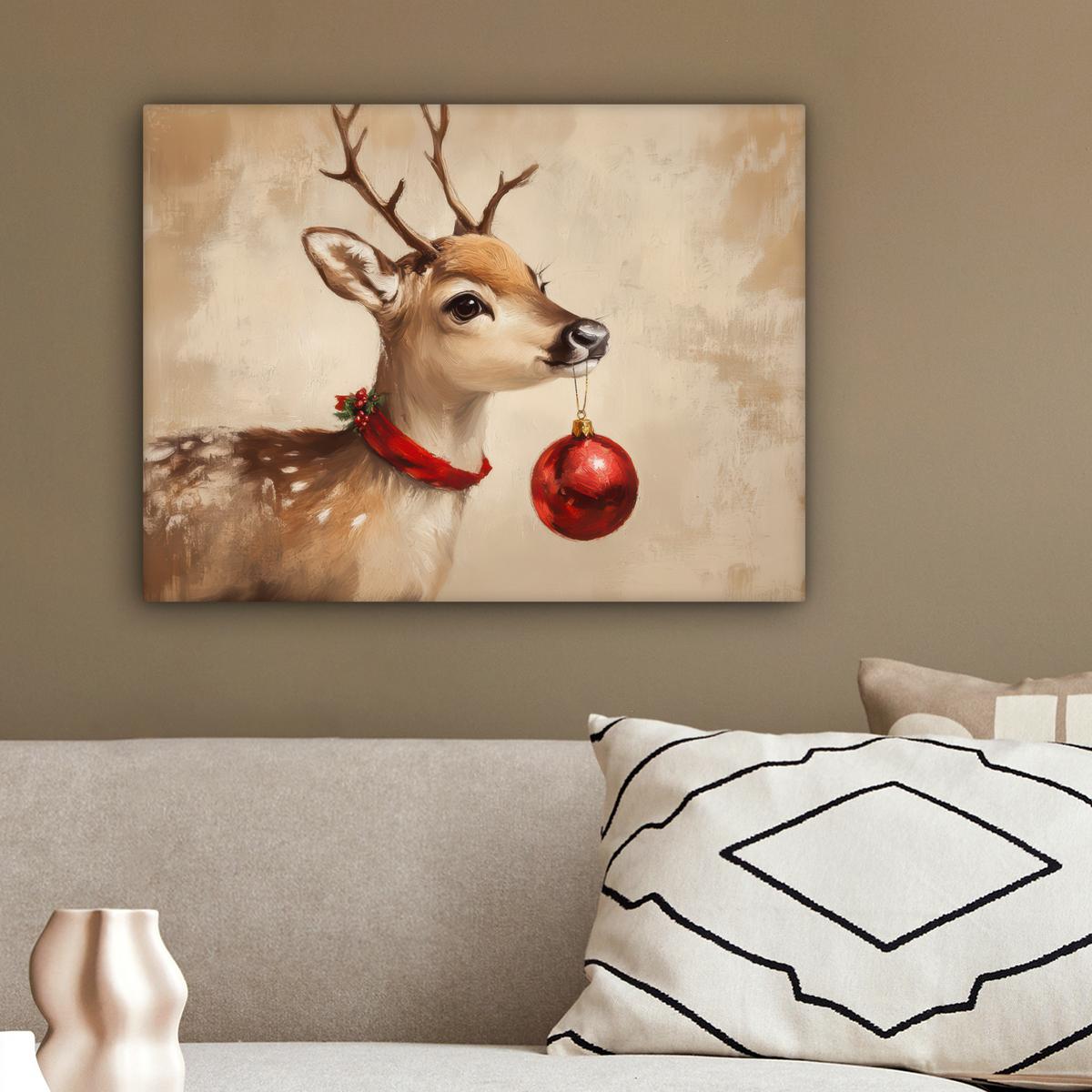 LEINWANDBILD Weihnachten - Hirsch - Geweih - Weihnachtskugel - Rentier Wandbild 40x30 cm - Hellbraun, Textil (40/30cm) - MuchoWow