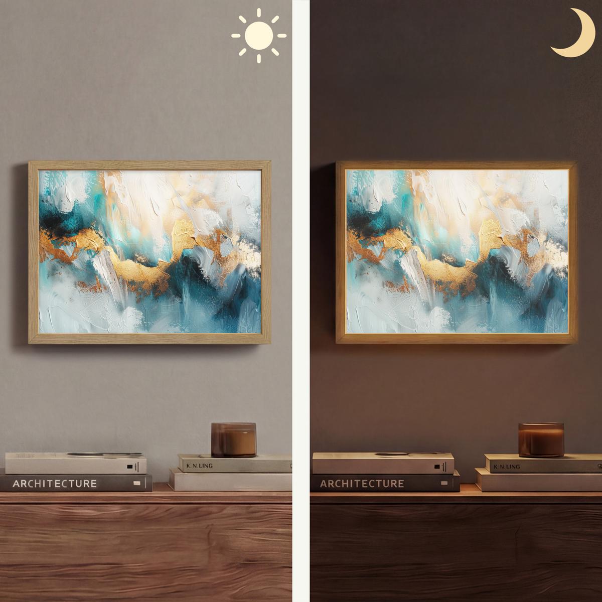 WANDLEUCHTE MIT AKKU Abstrakt - Kunst - Gold - Blau 40x30 cm - Türkis, Holzwerkstoff (40/30/8cm) - OnlyWow