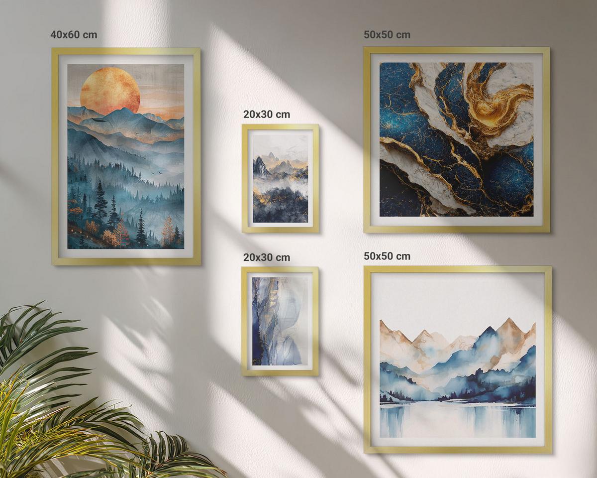 BILDER SET 5er Set - 50x50 cm & 20x30 cm & 40x60 cm Goldrahmen - Blaue Berglandschaften - Goldfarben, Kunststoff (40/60cm) - TULUP