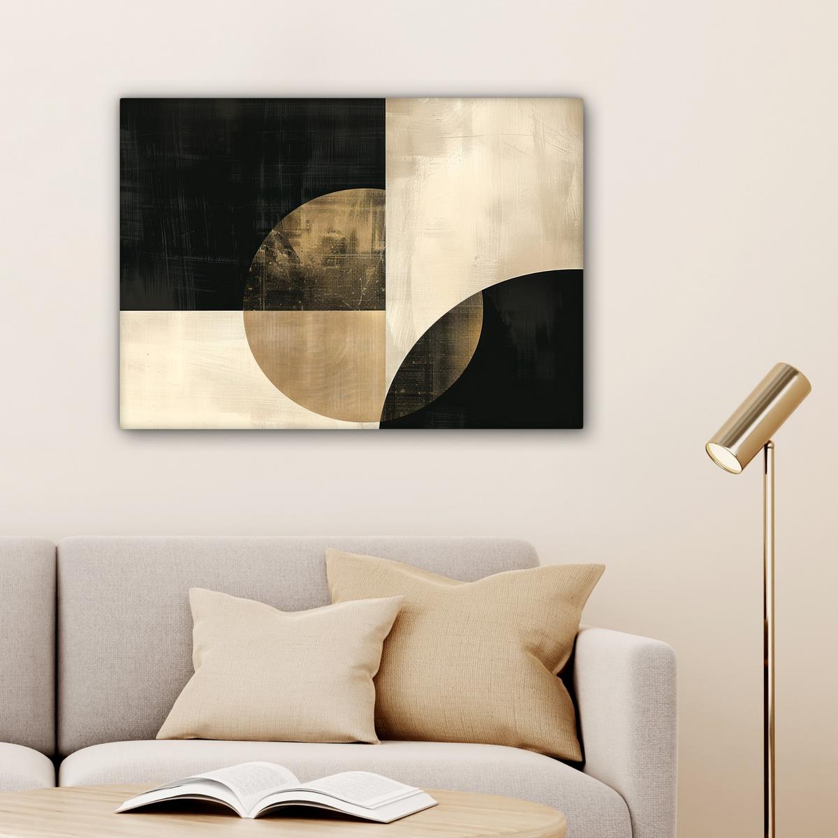 LEINWANDBILD Abstrakt - Geometrische Formen - Schwarz - Gold Wandbilder 80x60 cm - Ecru, Textil (80/60cm) - MuchoWow